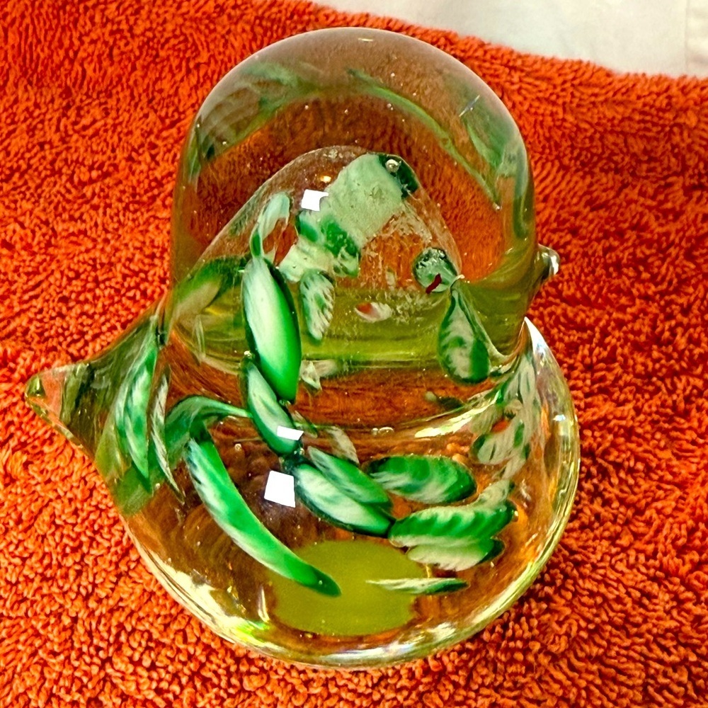 Vintage‎ Art Glass Paperweight Chunky Glass Bird Clear With Green & Wht Swirls